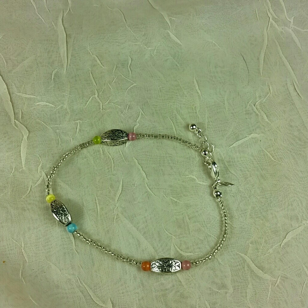 Beaded Anklet Silver Adjustable Chain Pink Blue Green Yellow Orange Summer Beach